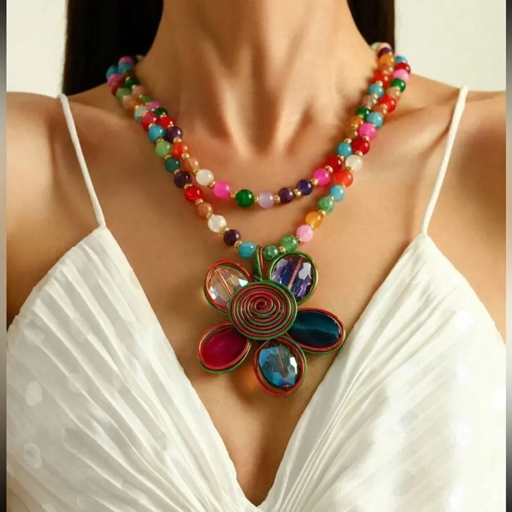 Rainbow Beaded Flower Pendant Necklace – Bold, Colorful & Totally Joyful